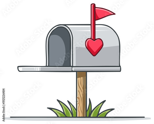 Mailbox Illustration: Gray Steel Letterbox with Red Heart, Love Message
