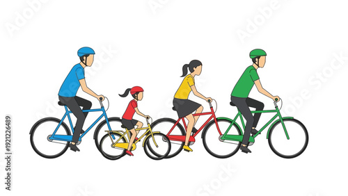 family of four riding bikes with helmets promoting active lifestyle outdoor recreation family togetherness and fun.