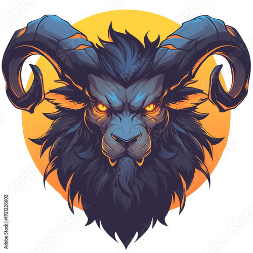 A fierce, stylized lion-ram hybrid creature with glowing orange eyes and dark blue fur against a vibrant yellow circular background.