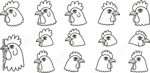 Chicken and rooster head outline icon set with farm poultry profiles illustrated in clean black and white minimal line art vector style