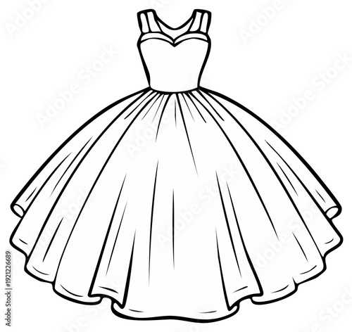 Elegant ball gown dress illustration, outlined drawing, vector fashion design