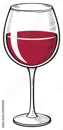 Elegant wine glass, filled with red liquid. Vector illustration.