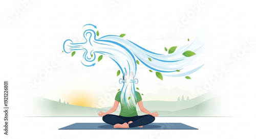 Person meditating on yoga mat with swirling blue leaves and peaceful landscape background at sunrise