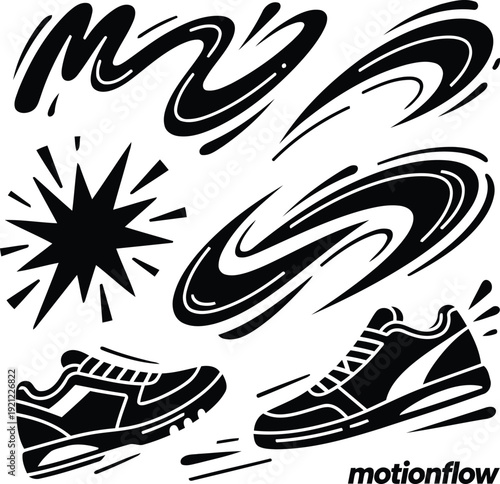 Sport Shoes Motion Effect Silhouette Vector Set with Speed Swirl and Starburst Elements