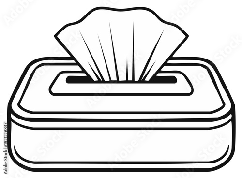 Black and white line art illustration of a facial tissue box dispenser