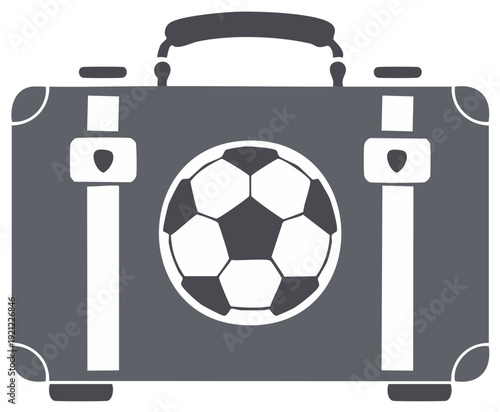Suitcase graphic with soccer ball. Traveling for a sports tournament.