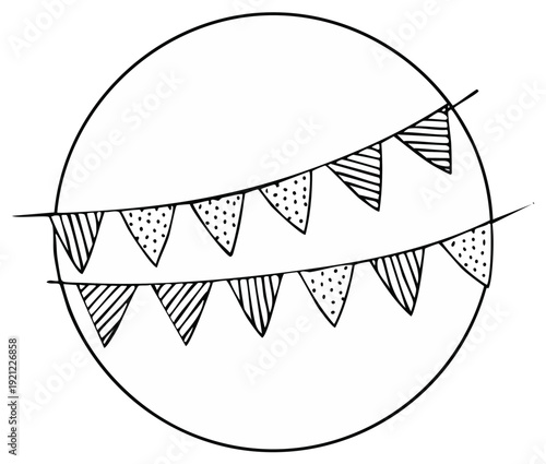 Black and white hand-drawn pennant garland in circular frame