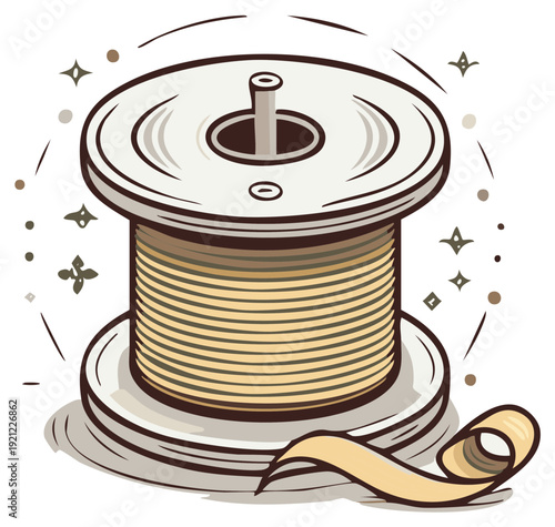 Vintage sewing machine bobbin with cream thread and a loose end unwinding