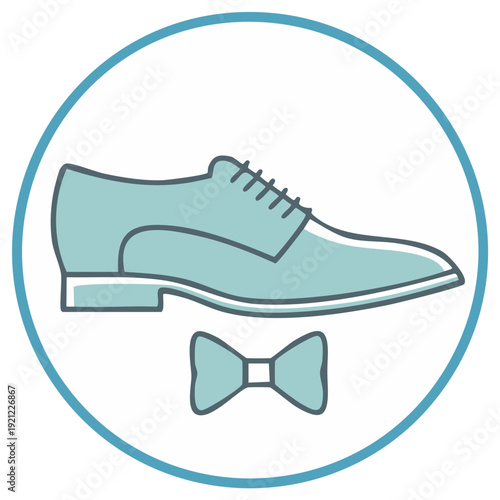 Men's formal wear icon with a classic dress shoe and bow tie for a wedding or special event