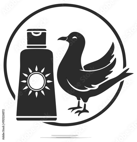 Sunscreen bottle and bird silhouette in a circle with shadow