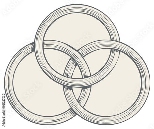 Trefoil knot. Symbolic geometric shape with intertwining circles. Three connected rings in vintage etched line drawing style.