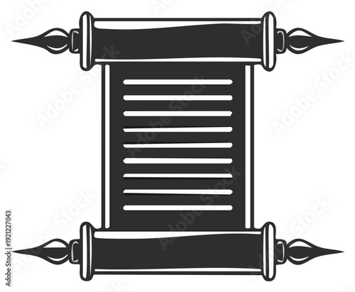 Stylized ancient scroll graphic with quill ends, illustration of a classic message or document, reading and writing concept art