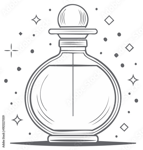 Elegant perfume bottle outline with decorative star elements.