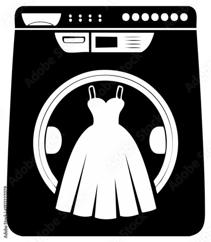 Elegant white dress inside a modern front loading clothes dryer machine interior view black and white illustration