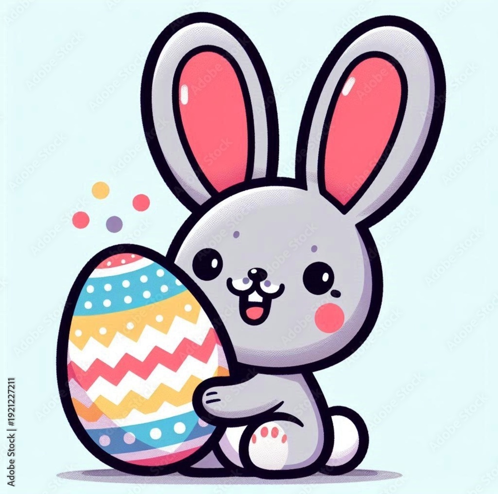 Obraz premium Cute cartoon Easter bunny holding a colorful decorated egg. Vector illustration