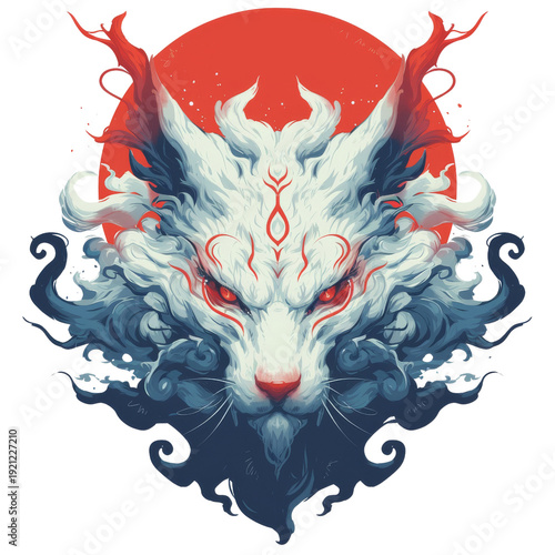Mystical white cat spirit with glowing red eyes and horns, against a red sun, in a Japanese art style with swirling cloud-like fur.