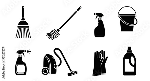 This cleaning tools illustration represents household maintenance, sanitation, and domestic work through a practical set of recognizable equipment icons. The artwork includes a mop, spray bottle, vacu