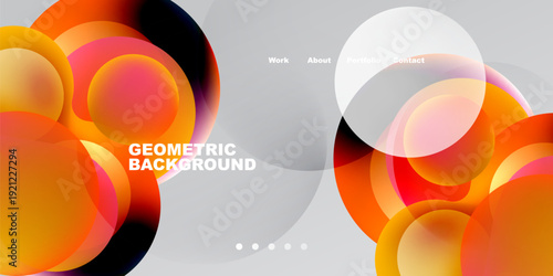 Abstract design features vibrant overlapping circles, gradients. Dark background contrasts bright shapes, text elements present.