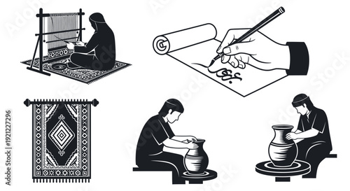 This pottery creation illustration represents craftsmanship, creativity, and traditional handmade artistry through a storytelling visual scene. The artwork shows a person shaping clay on a pottery whe