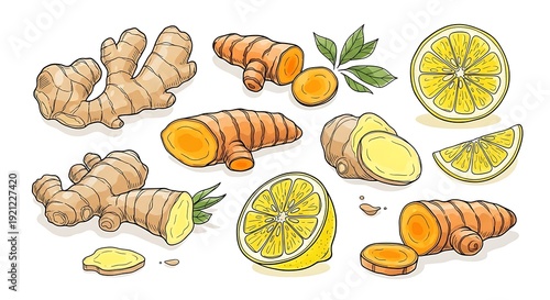 Fresh ginger turmeric and lemon illustration for healthy food design