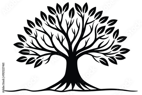 Organic Development and Flourishing Mind Symbol with a Tree Vector in Black and White Silhouette