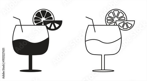 Alcoholic cocktail icons. Martini cocktails. This set includes martini, mojito, whiskey, and wine. Drink glass symbols. Icon set for restaurants, pubs, and bars. Suitable for logos and designs. Vector