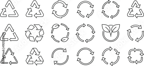 Recycling and circular arrow outline icons set with eco rotation refresh loop symbols for environmental and sustainability vector collection.