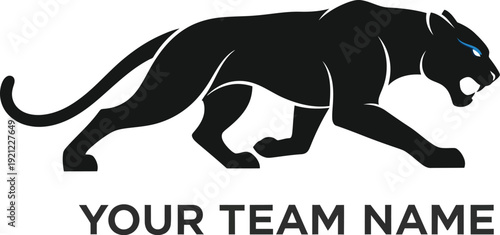 A black panther logo with blue eyes and a team name on a white background