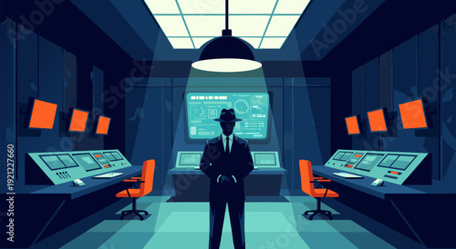 Vector Illustration of Businessman Standing in Dark Room with Computer Monitors, Surveillance Technology, and Warning Lights