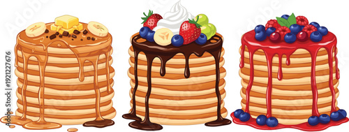 Delicious Pancake Stack Vector Set with Maple Syrup, Chocolate Sauce, Fresh Berries, Whipped Cream, and Fruit Toppings for Breakfast Menu and Food Design