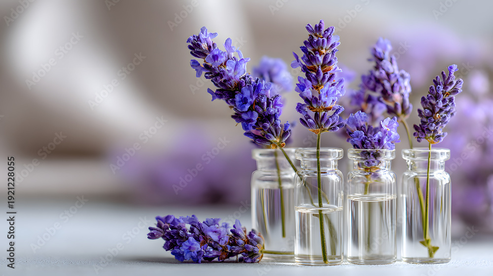 Fototapeta premium avender spikes in clear glass jar. clean cosmetic laboratory scene. perfume ingredient research concept . Lavender essential oil, Lavender extract.