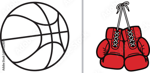 Vector illustration featuring a black-outlined basketball on the left and a pair of red boxing gloves tied together on the right, separated by a vertical gray line. Minimalist sports gear art.
