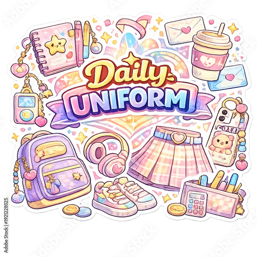 diario uniforme con accesorios adorables, diario diario estilo kawaii, uniforme diario minimalista, accesorios lindos para diario, ilustración de diario estético, cuaderno con charms adorables, outfit