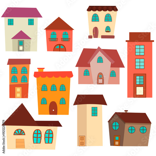 Collections of colorful flat house illustrations, cartoon neighborhood buildings and city dwellings