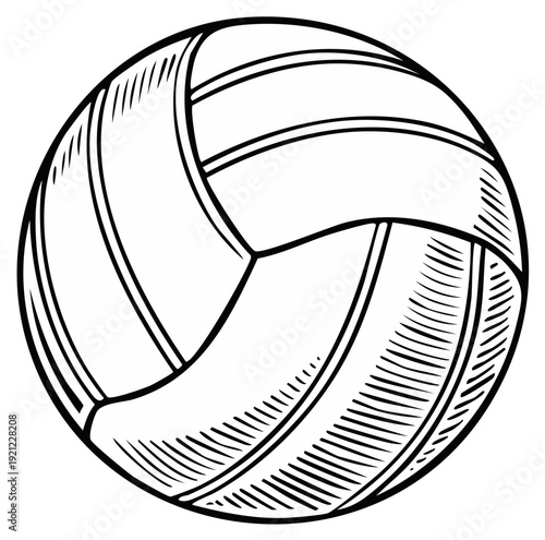 Hand drawn illustration of a classic volleyball with curved panels and stitched detailing