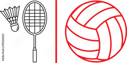Minimalist vector art showing a black-outlined badminton racket and shuttlecock on the left and a large red-outlined volleyball on the right, separated by a vertical red line.