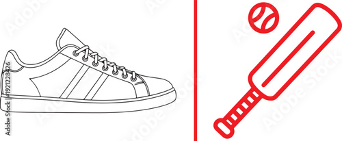 Vector illustration of a black-outlined sneaker on the left and a red-outlined cricket bat and ball on the right, separated by a vertical red line. Minimalist sports footwear and gear design.