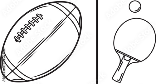 Vector illustration of ball sports: a black-outlined American football on the left and a table tennis paddle with a ball on the right, separated by a vertical black line.