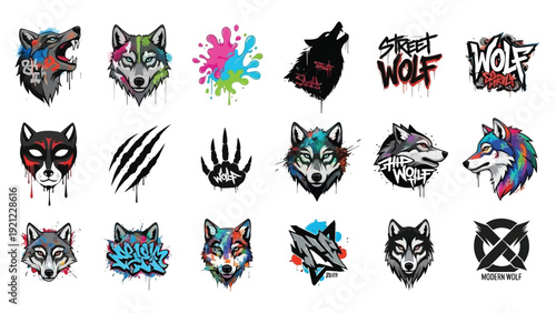 Collection of 17 colorful wolf face and head logos with graffiti-style designs on a white background.