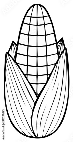Simple line drawing of a fresh ear of corn with green husks and yellow kernels