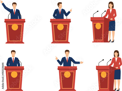Business speakers at podium giving speech vector set for conference presentation political debate and public communication concept