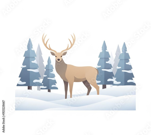 Majestic deer with large antlers stands in a snowy forest, surrounded by snow-covered pine trees. This beautiful winter illustration depicts wildlife in a serene natural habitat