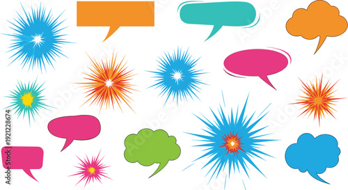 Colorful comic speech bubbles and explosive starburst shapes vector collection for pop art chat and marketing design