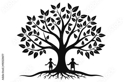 Detailed Black and White Tree Growth Illustration Representing Strength, Stability, and Development
