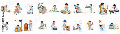 Charming illustrations of babies in blue pajamas exploring, learning, playing with toys, eating, and sleeping.