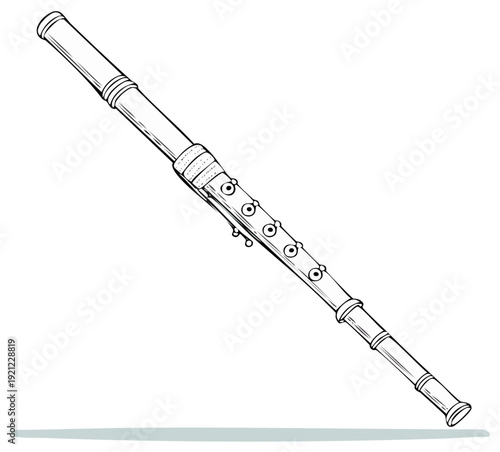 Line drawing of a wooden recorder musical instrument with finger holes