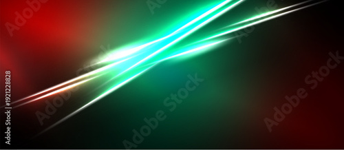 Abstract light streaks cross dark background. Vivid green, red hues create dynamic visual effect. Smooth gradients dominate composition.