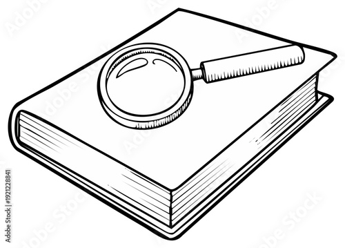 Magnifying Glass Resting on a Closed Book Illustration Search Concept Line Art Study Reading Discovery Investigation Exploration