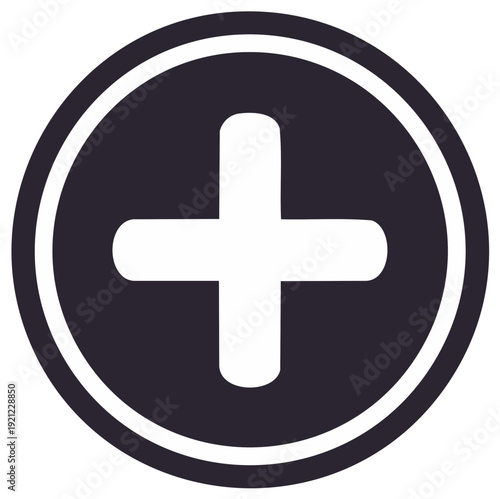 Modern digital icon featuring a white plus symbol inside a dark grey circular shape