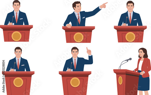 Confident business people giving speech at podium vector set for conference presentation political debate and leadership concept